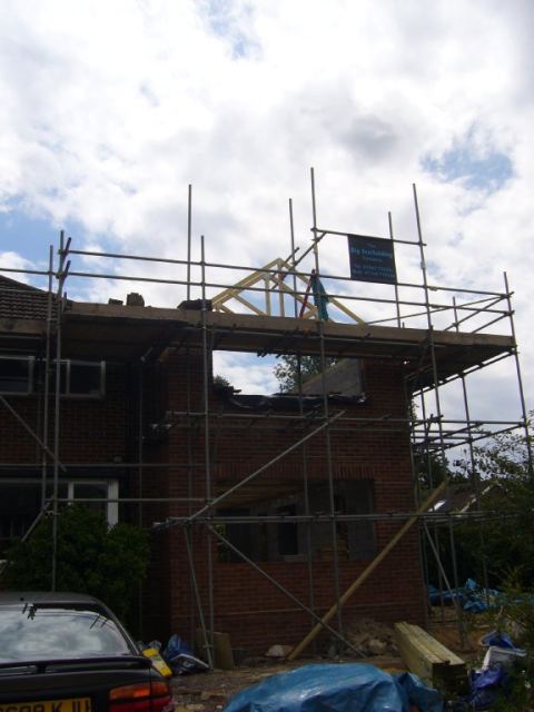 Got the first couple for the cross gable in place and temporarily fixed to the scaffold