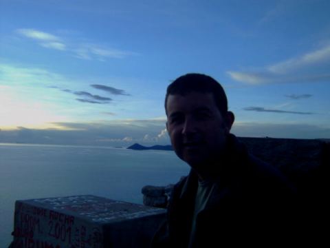 Trev at the top of the mirador for the sunset at Copacabana